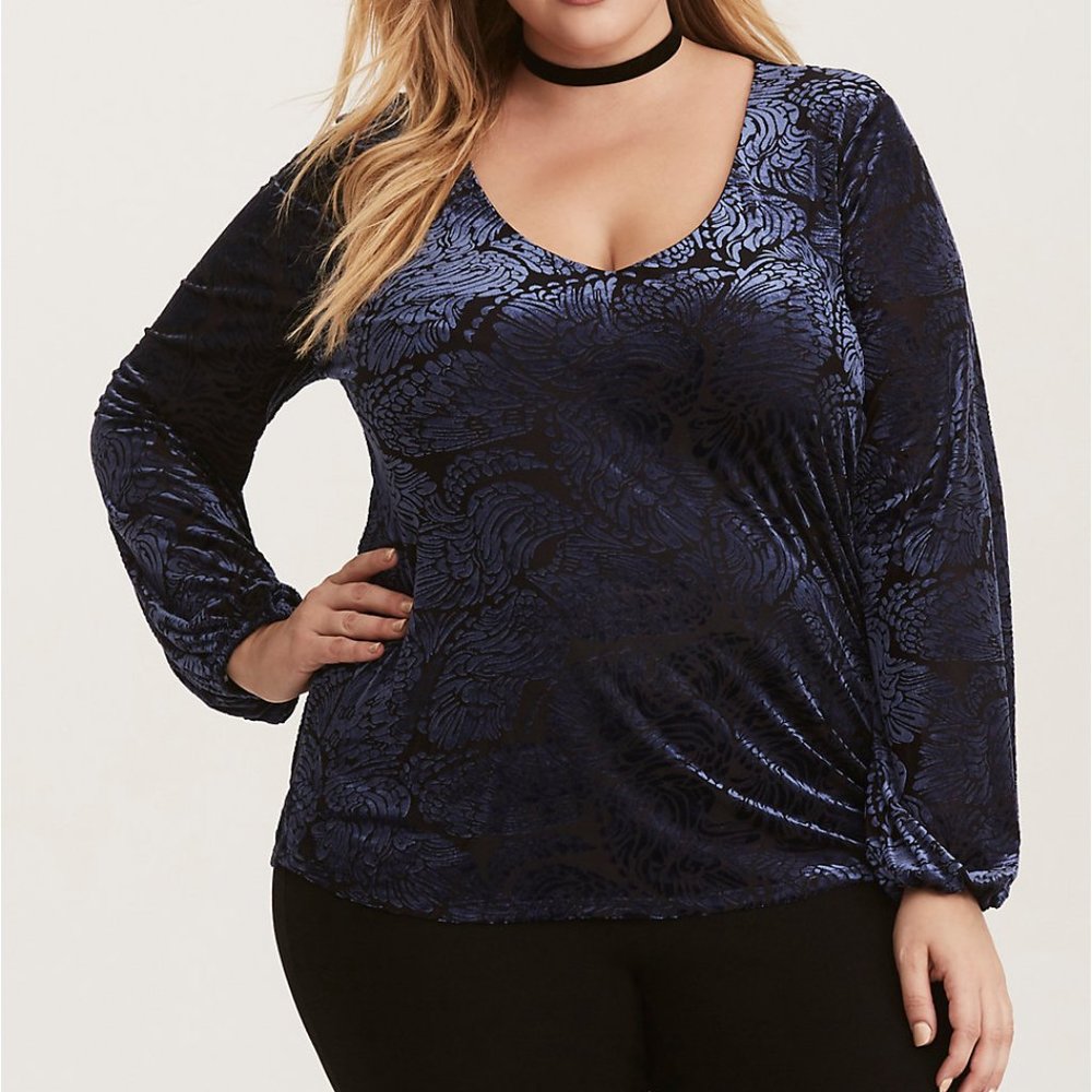 Swirling Velvet Print Blouson Sleeve Blouse